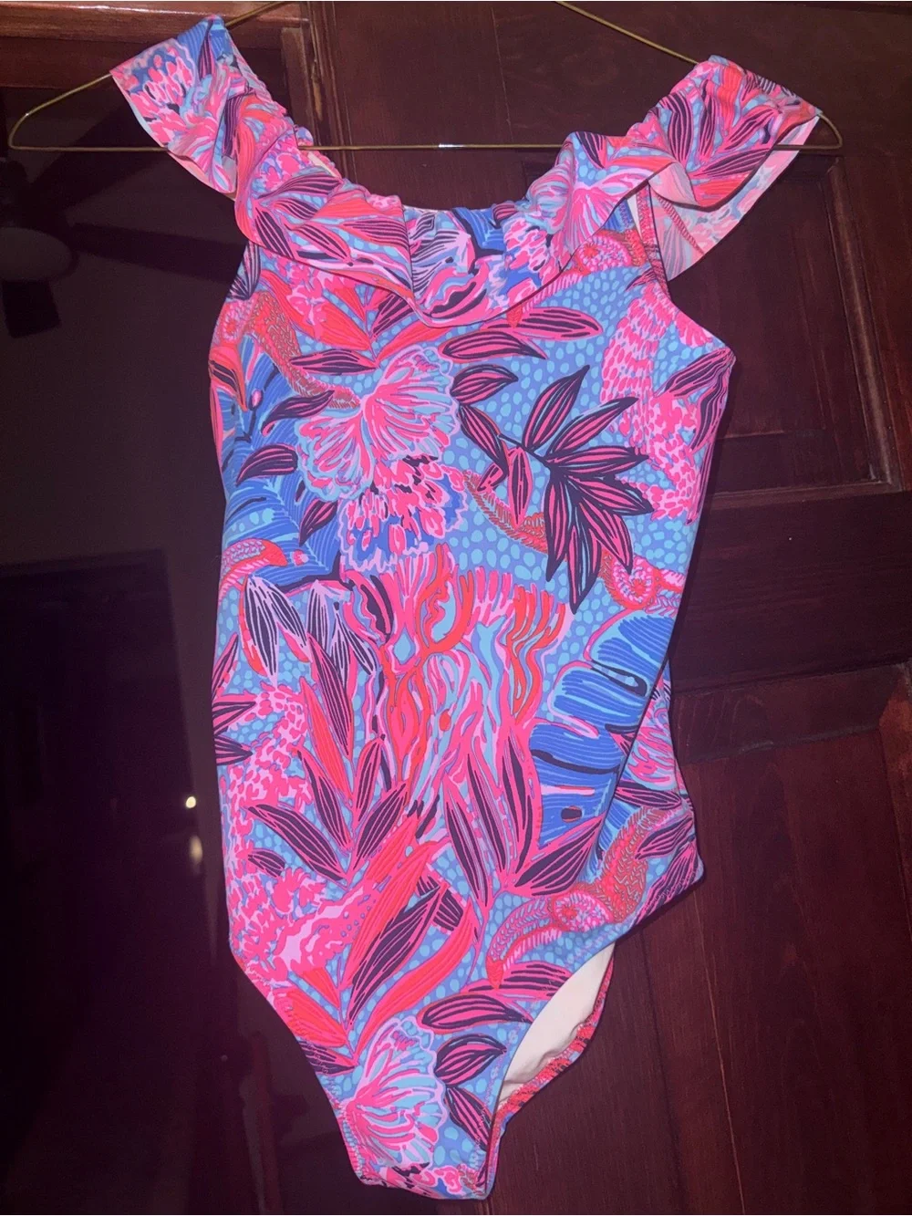 Lilly Pulitzer Girl’s size 12 Pink Blue Tropical Print one piece Swimsuit kids